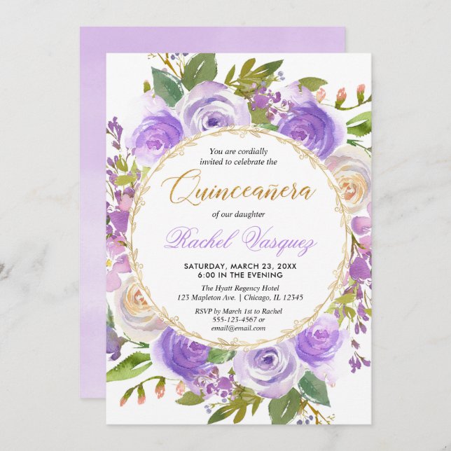Convite Lilac lavanda floral de Quinceanera (Frente/Verso)