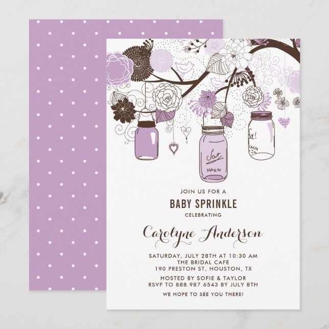Convite Lilac Mason Jars and Flowers Baby Sprinkle (Frente/Verso)