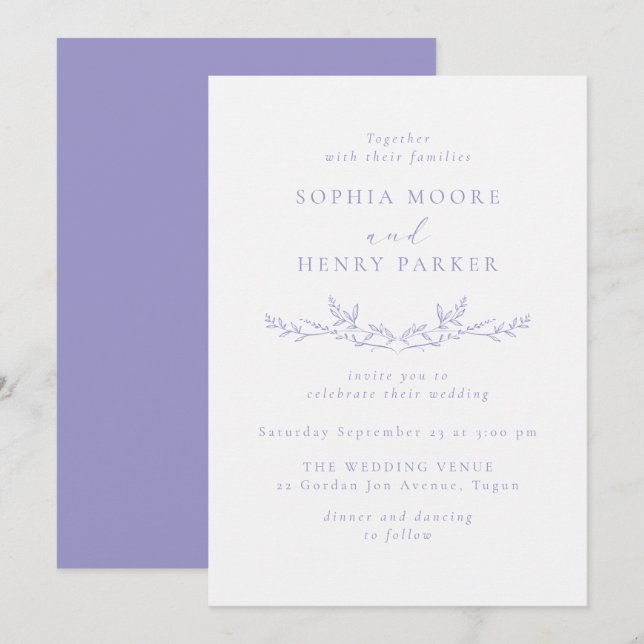 Convite Lilac Modern Line Art Leaf Wedding Invitation (Frente/Verso)