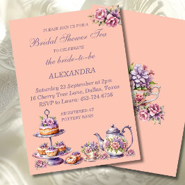 Convite Lilac Peach Floral Whimsical Tea Bridal Shower 