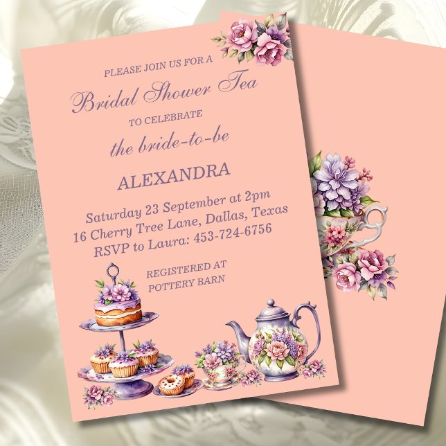 Convite Lilac Peach Floral Whimsical Tea Bridal Shower  (Criador carregado)
