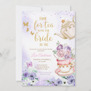 Convite Lilac Purple Butterflies Chá de panela Tea Party