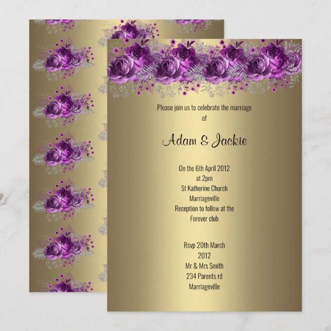 Convite Lilac Purple floral, Dourado moderno, CASAMENTO EL (Frente/Verso)