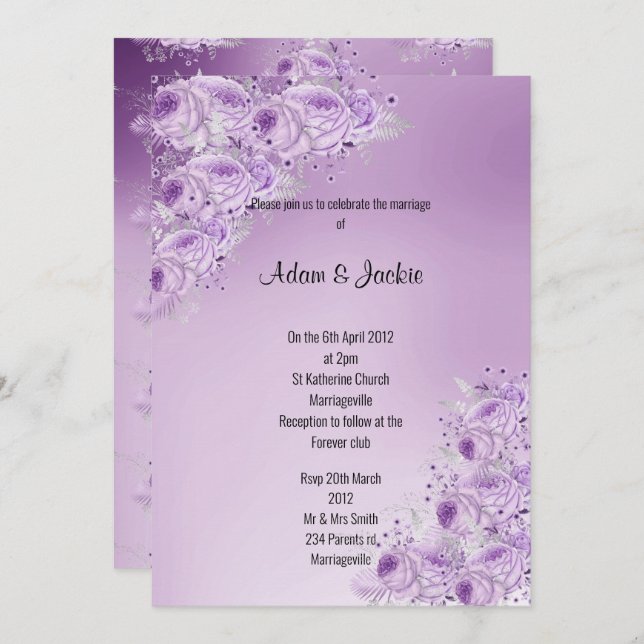 Convite Lilac Purple floral, Dourado moderno, CASAMENTO EL (Frente/Verso)