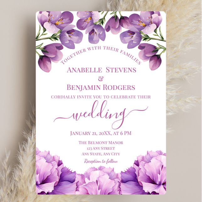 Convite Lilac Purple Floral Elegante com código QR Wedding (Criador carregado)