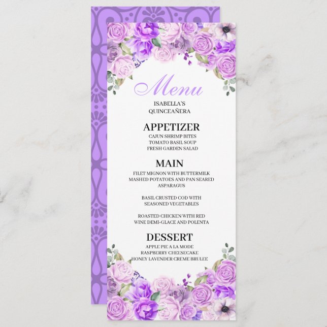 Convite Lilac Purple Floral Quinceanera Menu (Frente/Verso)