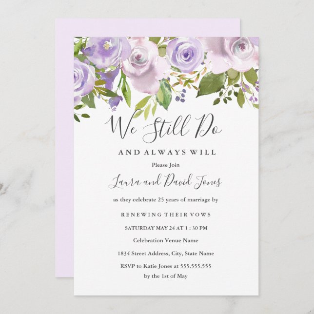 Convite Lilac Purple Watercolor Floral Wedding Vow Renovaç (Frente/Verso)