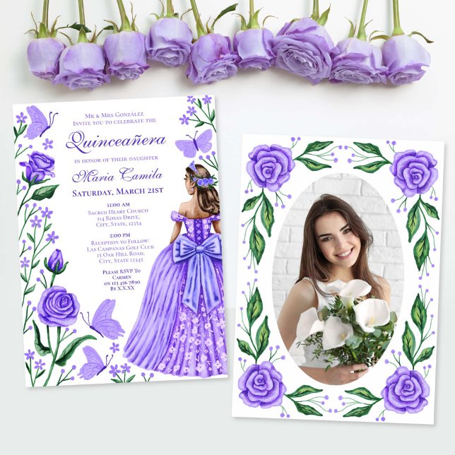 Convite Lilac Rosa Borboletas Princesa Foto Quinceanera (Lilac Roses Butterflies Princess Photo Quinceanera Invitation)