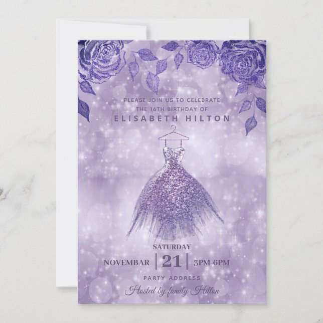 Convite Lilac rosas moderno Glitter vestido doce dezesseis (Frente)