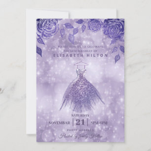 Convite Lilac rosas moderno Glitter vestido doce dezesseis