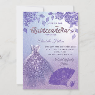 Convite Lilac rosas romântico Glitter fã de vestimenta Qui