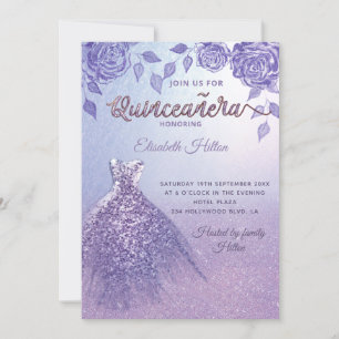 Convite Lilac rosas romântico Glitter vestido Quinceañera