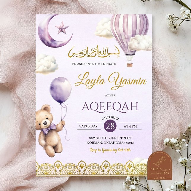 Convite Lilac Roxo Aqeqah Muslim Birthday Girl (Criador carregado)