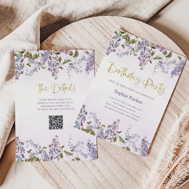 Convite Lilac Roxo bonito | Festa de aniversário de código (Criador carregado)