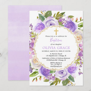 Convite Lilac roxo floral da lavanda da menina do baptismo