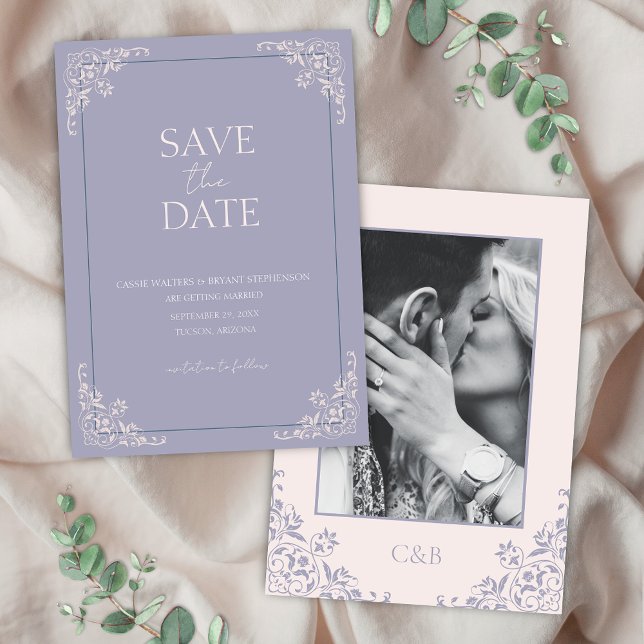 Convite Lilac Roxo Mínimo Romântico Francês Salve a Data (Romantic french lilac old money save the date card for purple blush pink vintage bridgerton wedding)