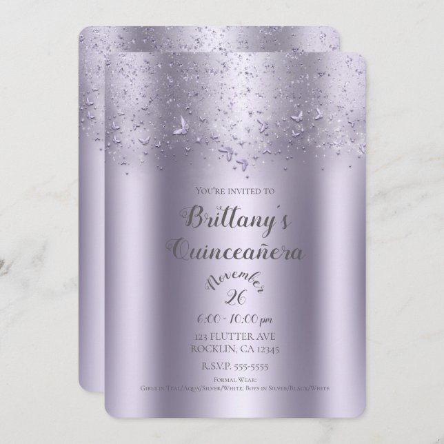 Convite Lilac Shimmer Flutter Butterfly Quinceañera (Frente/Verso)