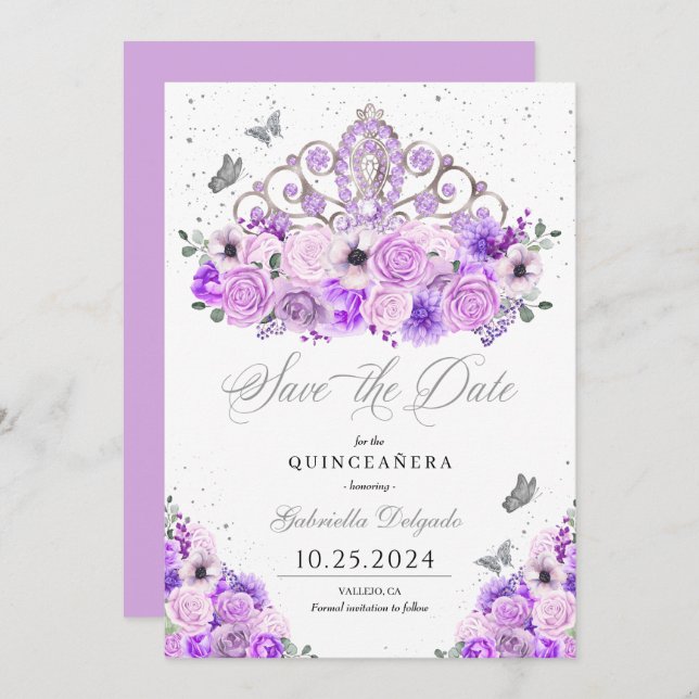 Convite Lilac & Silver Tiara Salvem A Data Quinceañera (Frente/Verso)