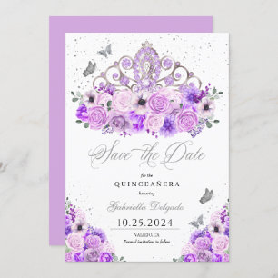 Convite Lilac & Silver Tiara Salvem A Data Quinceañera