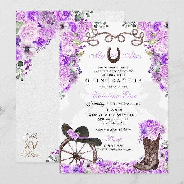 Convite Lilac Western Charra Ranchero Quinceanera (Frente/Verso)