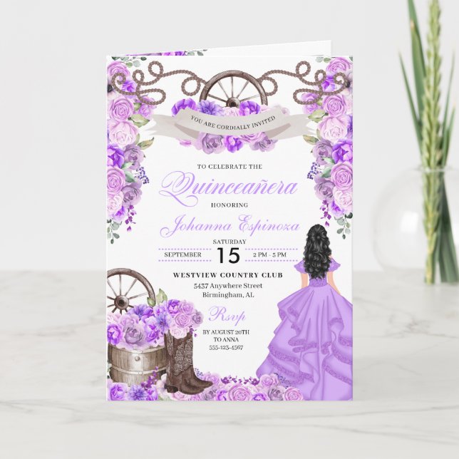 Convite Lilac Western Charro Bi-Fold Quinceanera (Frente)