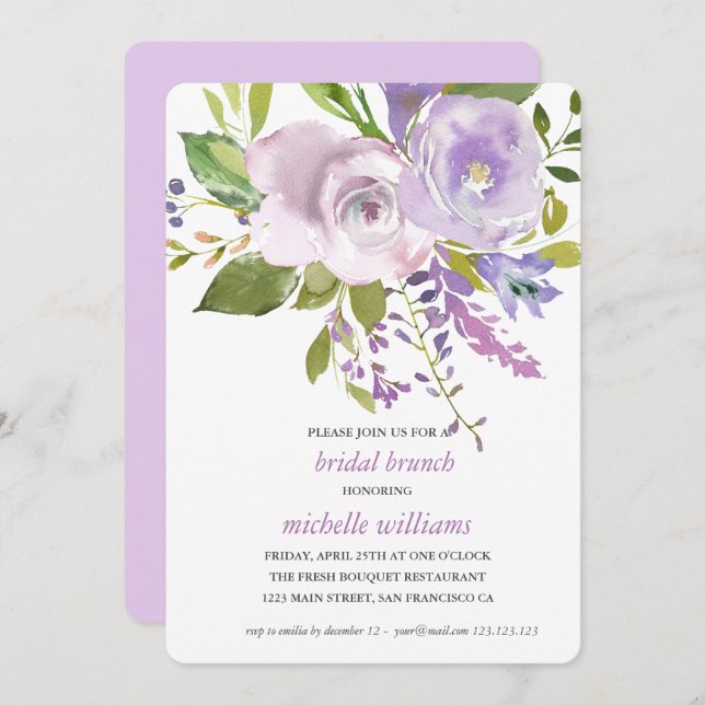 Convite Lilás | Chic Lavanda Floral Bridal Brunch (Frente/Verso)