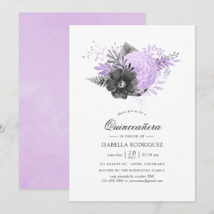 Convite Lilás e Carvão Floral Quinceañera em Aquarela