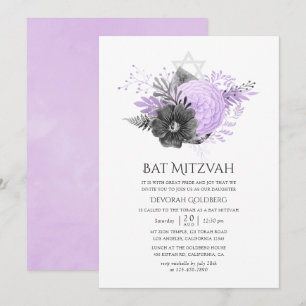 Convite Lilás e Floral de Carvão Bar Mitzvah