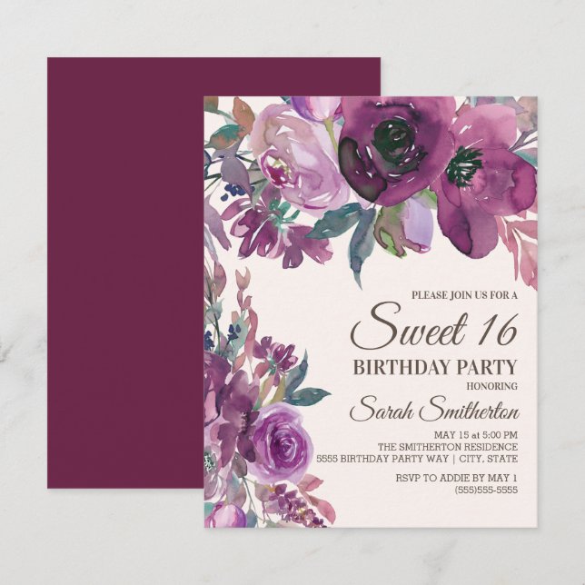 Convite Lilás Elegante Roxo Floral Script Doce 16 (Frente/Verso)