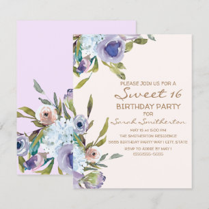 Convite Lilás Elegante Roxo Floral Verde Doce 16