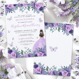 Convite Lilás Flores Roxas Borboleta Quinceañera