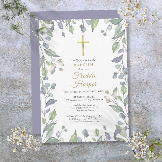 Convite Lilás Flores Silvestres Aquarela Batismo Batizado (Lilac Wildflowers Watercolor Baptism Christening Invitation)