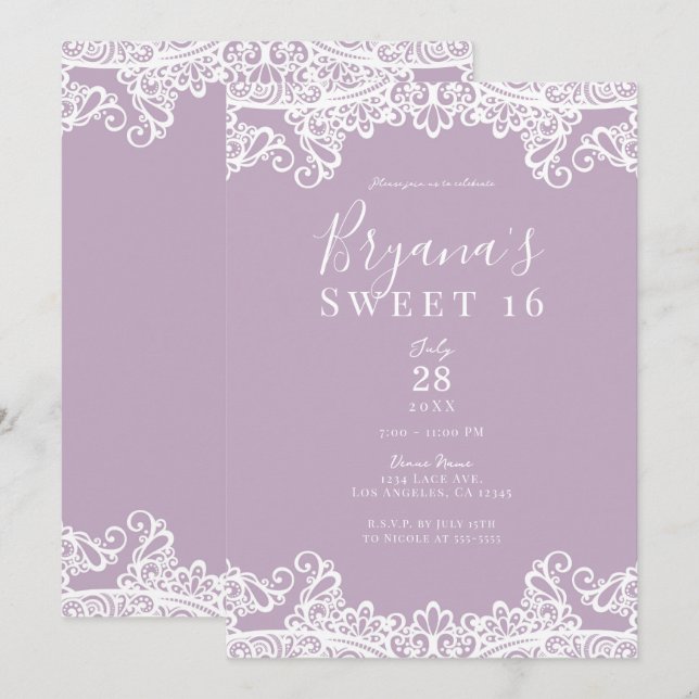 Convite Lilás Rosa e Branco Renda Festa Elegante Doce 16 (Frente/Verso)