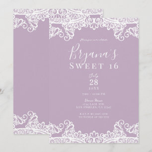 Convite Lilás Rosa e Branco Renda Festa Elegante Doce 16