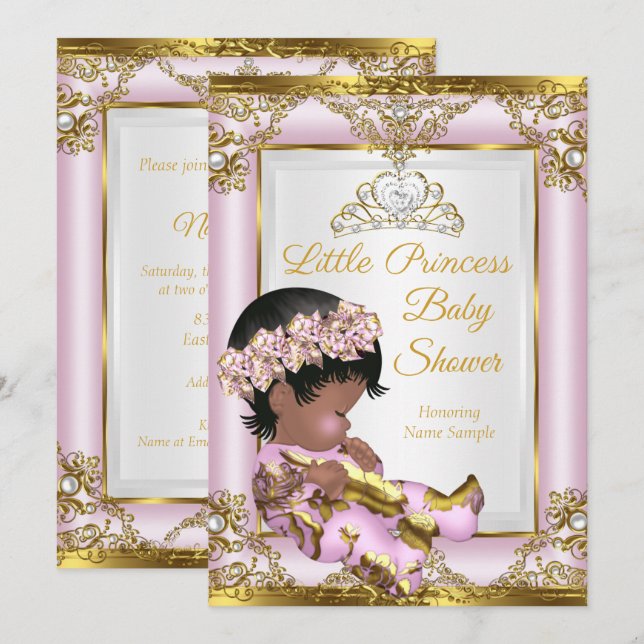 Convite Lilás Rosa Ouro Princesa Chá de Bebê Étnico (Frente/Verso)