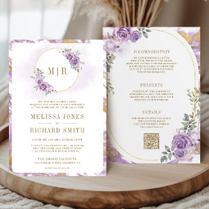 Convite Lilás Roxo Floral Mármore Dourado Tudo em Um Casam