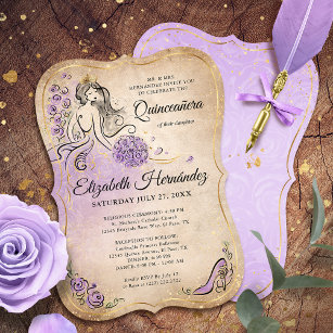 Convite Lilly Lavanda Dourada Princesa Quinceanera Anivers