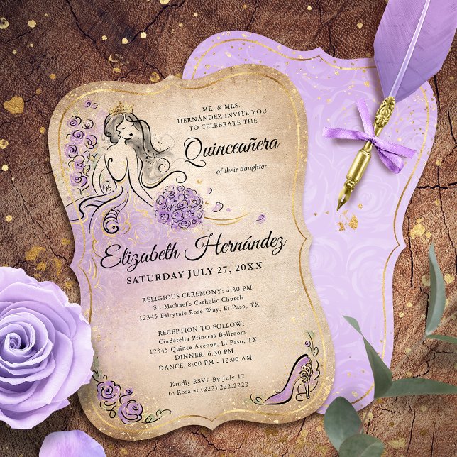 Convite Lilly Lavanda Dourada Princesa Quinceanera Anivers (Lilac lavender and gold princess quinceanera invitations that will make your birthday party sparkle!)