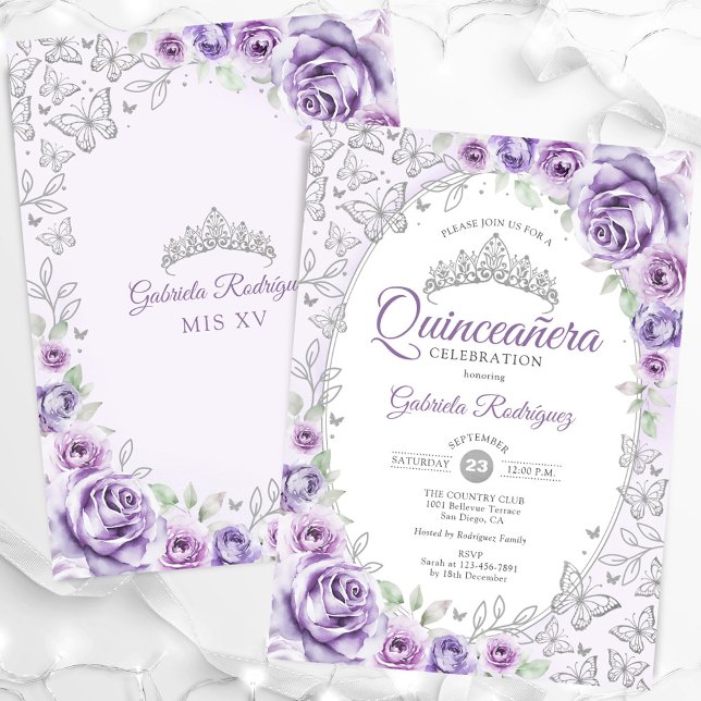 Convite Liloxo Purple Silver Quinceanera Floral (Criador carregado)