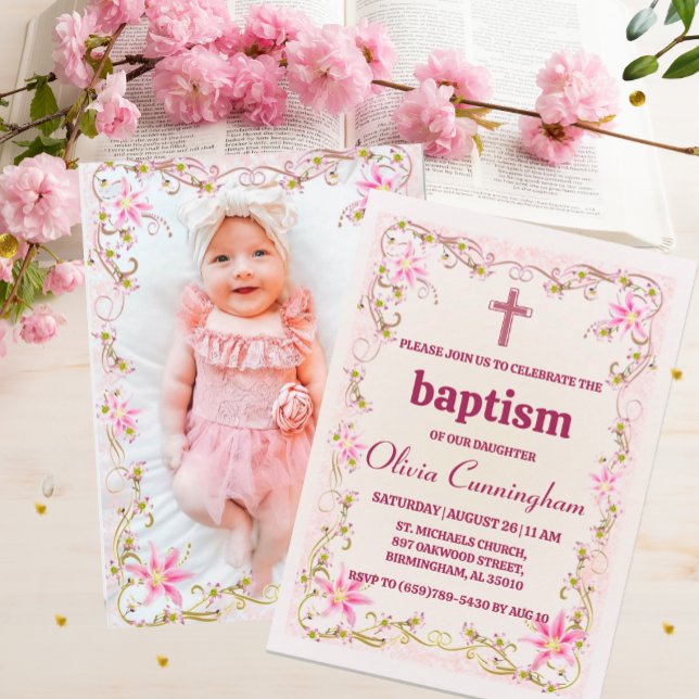 Convite Lily Baptism Rosa (Criador carregado)