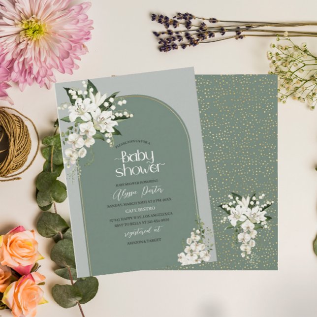Convite Lily branca e fundo verde Bebê Sh (Criador carregado)