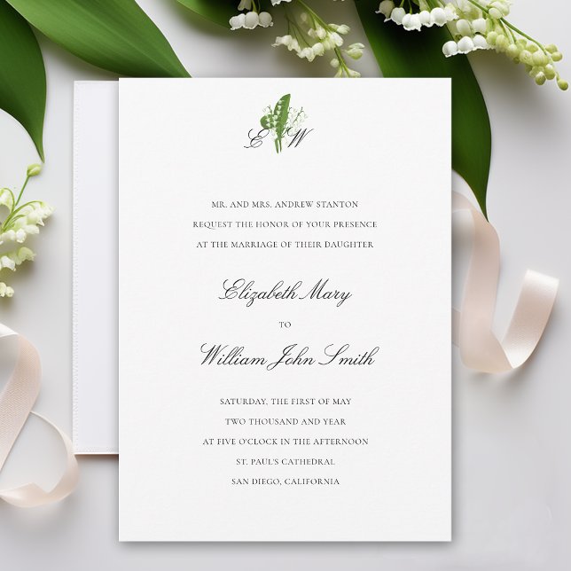 Convite Lily de Valley Monograma Formal Traditional Weddin (lily of the valley wedding invitation formal traditional calligraphy monograms art unique original)