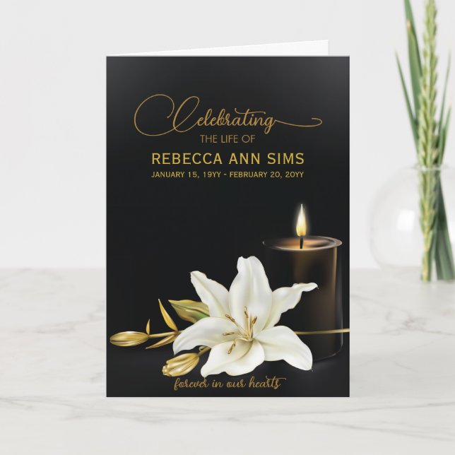 Convite Lily Floral Black e Dourado Funeral Program (Frente)