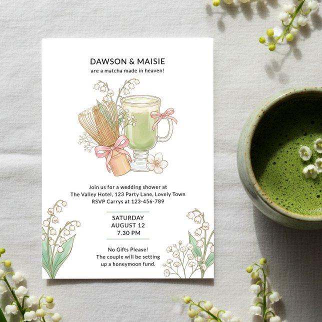 Convite Lily of Valley Matcha Feito no Céu Chuveiro de Cas (Matcha made in Heaven couples wedding shower with matcha, pink bows and lily of the valley)