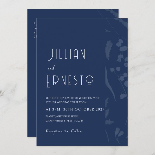 Convite Lily of Valley | Sólido azul profundo com borda de (Frente/Verso)