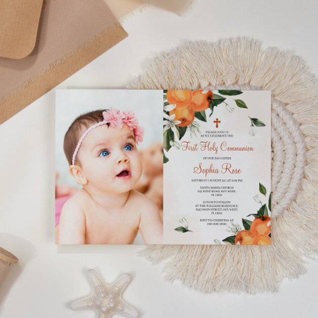 Convite Lily & Orange Floral Foto Primeira Comunhão Santa (Criador carregado)