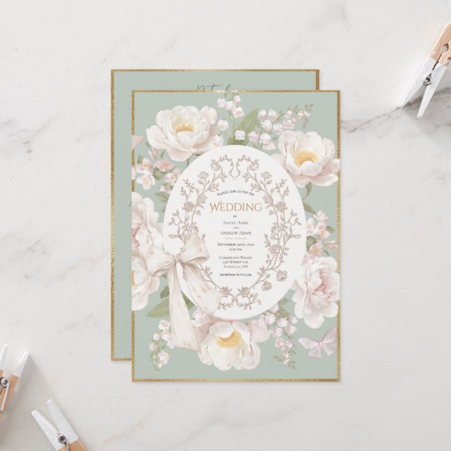 Convite Lily Peony Floral Vintage Budget Wedding (Frente/Verso In Situ)