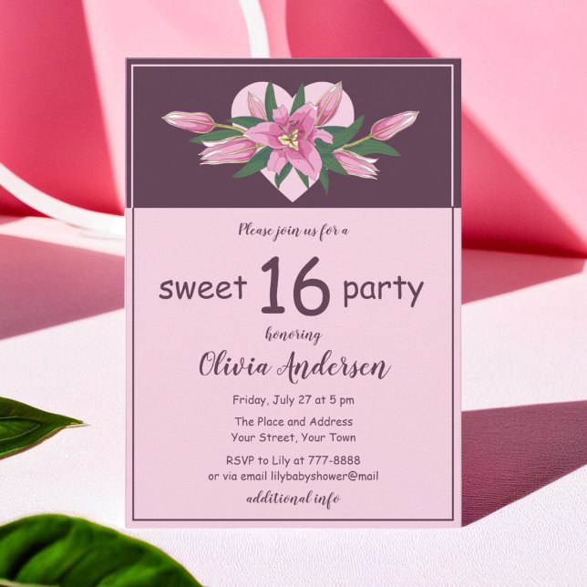 Convite Lily Sweet, Festa Sessenta, Rosa Blooming (Pink Blooming Lily Sweet Sixteen Party Invitation)