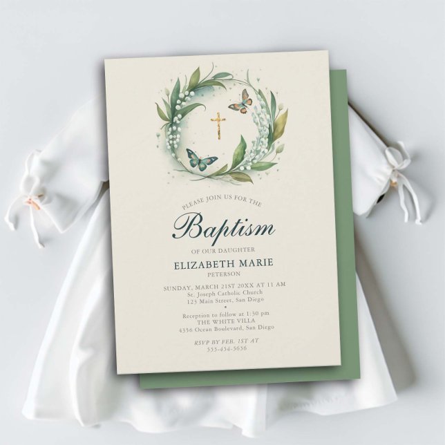 Convite Lily Valley Borboletas Douradas Cross Girl Baptism (lily valley baptism christening invitation girl elegant floral frame wreath butterflies sweet classy)