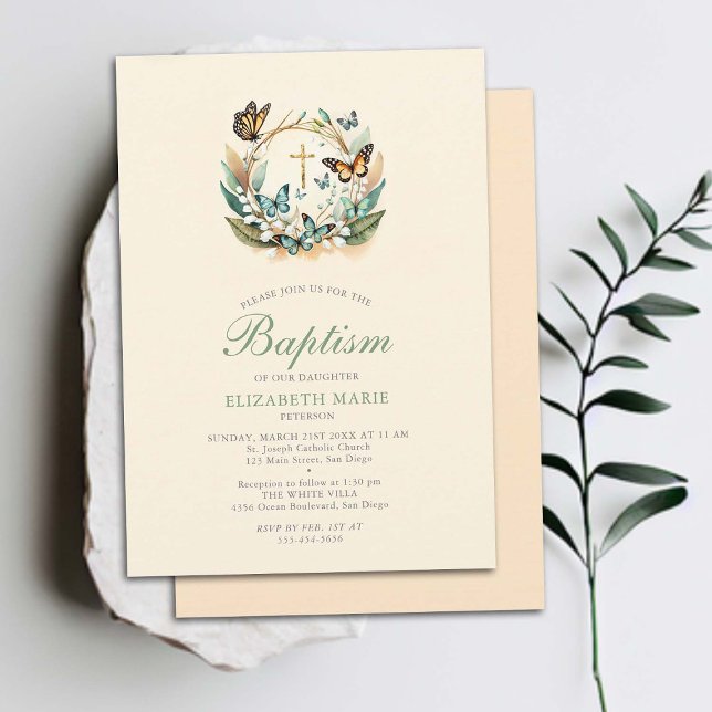 Convite Lily Valley Butterflies Cross Wreath Girl Baptism (butterfly baptism invitation lily valley elegant formal modern classic whimsical magical floral gold)